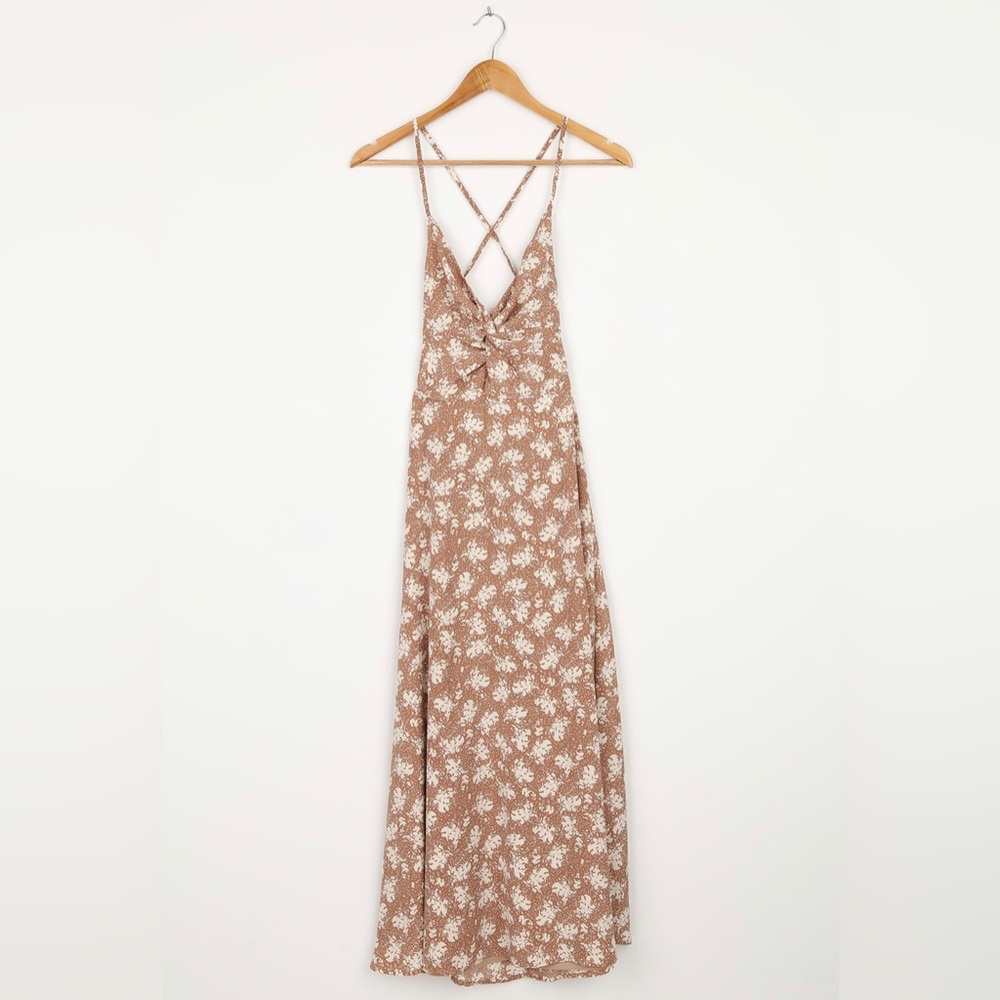 Lulus Picturesque Moments Brown Floral Print Strappy Maxi Dress - NWT SIZE S